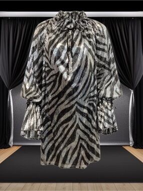 Silver & Black Zebra Sequin Mini Dress with Ruffle Cuffs
